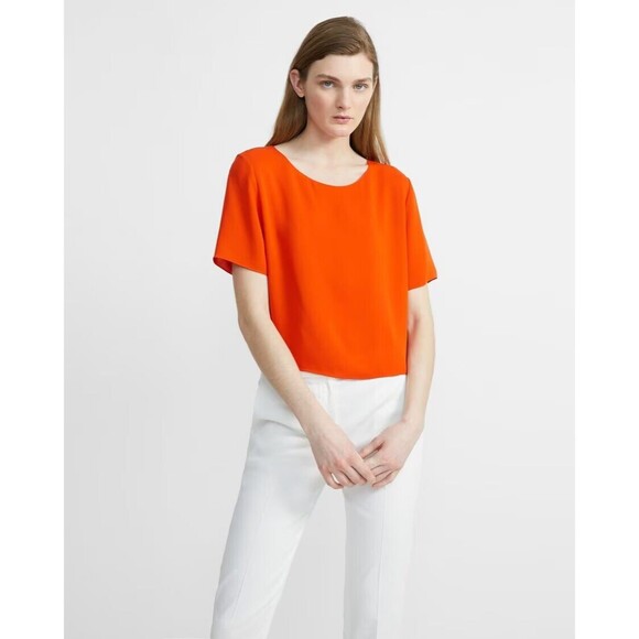 Theory Silk Top Size Large Blouse Boxy Crop Boat Neck Opal Georgette Easy Woven - Picture 4 of 5